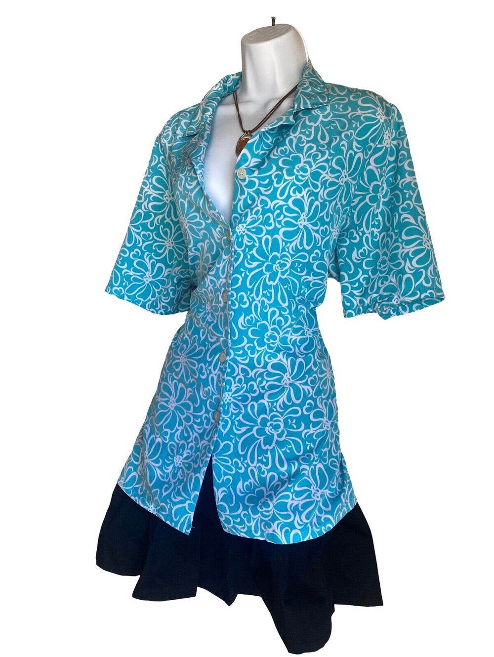 VTG BonWorth Women's L Turquoise Floral Short Sleeve Tunic Blouse Button Up Boho